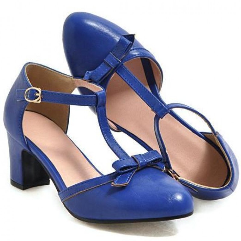 Blue Royal Bow T Strap Mary Jane High Heels Sandals Shoes