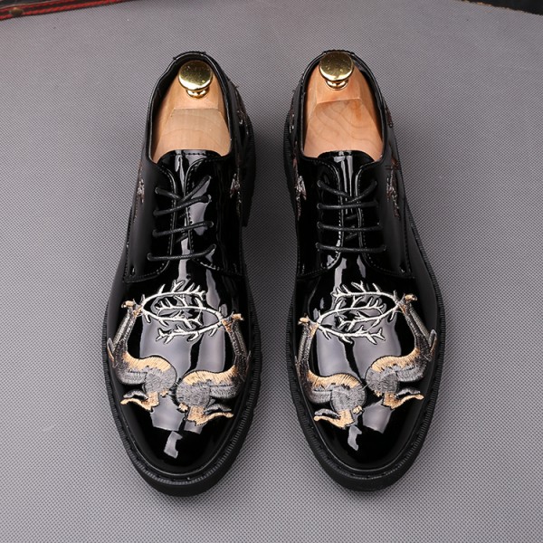 Black Patent Embroidered Deers Lace Up Mens Oxfords Dappermen Dress Shoes