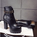 Black Leather Platforms Studs High Top Block Heels Combats Military Boots Shoes