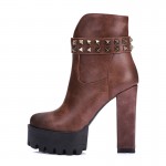 Brown Leather Platforms Studs High Top Block Heels Combats Military Boots Shoes