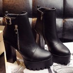 Black Leather Platforms Zipper High Top Block Heels Combats Military Boots Shoes