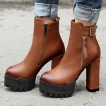Brown Leather Platforms Zipper High Top Block Heels Combats Military Boots Shoes