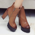 Brown Leather Platforms Zipper High Top Block Heels Combats Military Boots Shoes