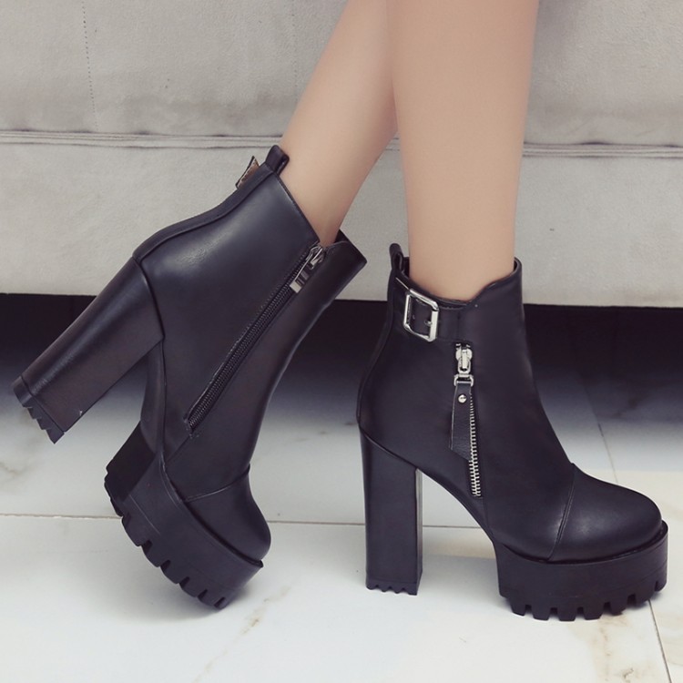 Black Leather Platforms Zipper High Top Block Heels Combats Military ...