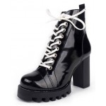 Black White Patent Lace Up Platforms Combat High Heels Boots Shoes