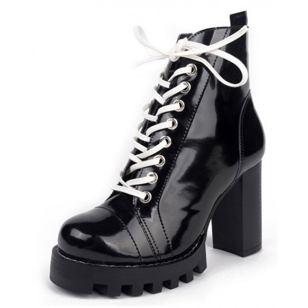 Black White Patent Lace Up Platforms Combat High Heels Boots Shoes