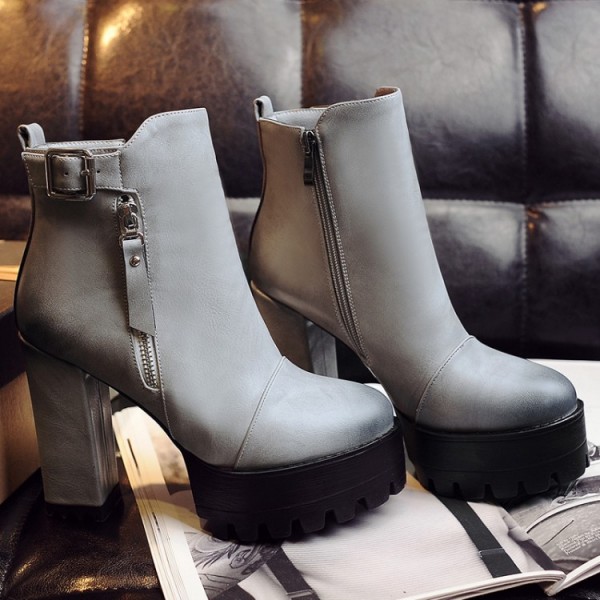 Grey Leather Platforms Zipper High Top Block Heels Combats Military Boots Shoes
