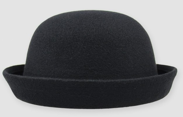 Black Woolen Round Head Rolled Brim Dance Jazz Bowler Hat Cap