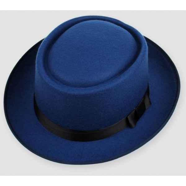 Blue Woolen Black Satin Bow Classic MJ Funky Gothic Jazz Dance Dress Bowler Hat