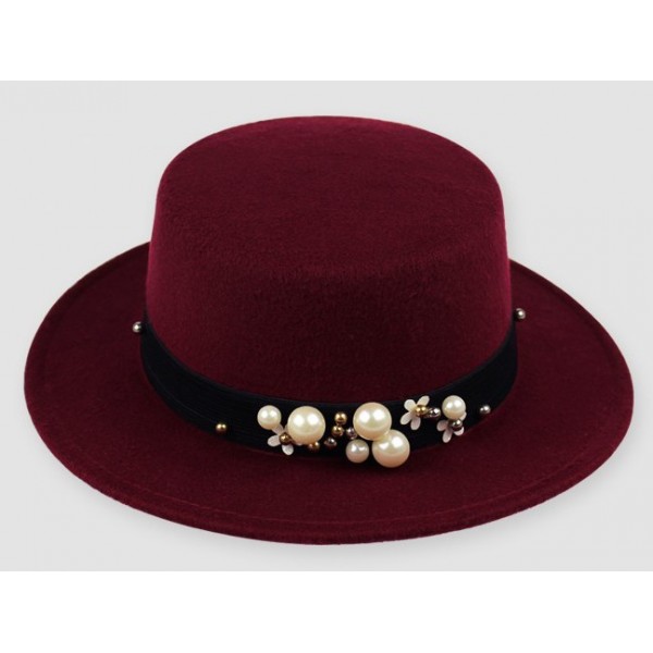 Burgundy Woolen Pearls Classic Jazz Dance Dress Bowler Hat