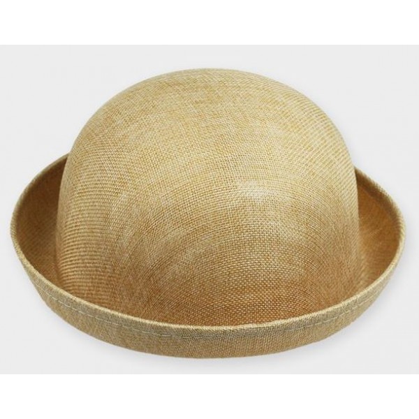 Khaki Summer Straw Round Head Rolled Brim Dance Jazz Bowler Hat Cap