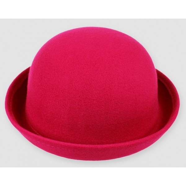 Pink Woolen Round Head Rolled Brim Dance Jazz Bowler Hat Cap