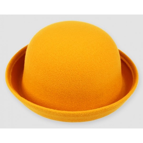 Yellow Woolen Round Head Rolled Brim Jazz Dance Bowler Hat Cap