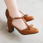 Brown Bow T Strap Mary Jane High Heels Sandals Shoes
