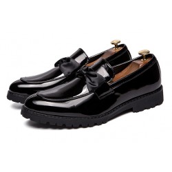 Black Patent Satin Bow Mens Loafers Dapperman Dress Shoes Flats