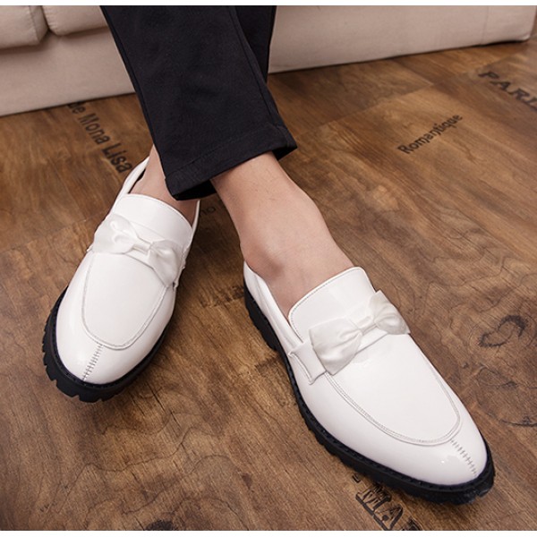 White Patent Satin Bow Mens Loafers Dapperman Dress Shoes Flats