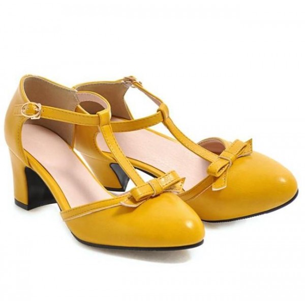 Yellow Bow T Strap Mary Jane High Heels Sandals Shoes