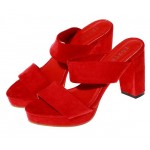 Red Suede Leather Straps Block High Heels Pump Sandals Shoes