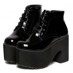 Black Patent Lace Up Platforms Punk Rock Chunky Heels Boots Creepers Shoes
