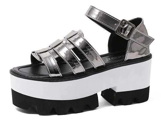 Grey Silver Patent Leather Punk Rock Gothic Platforms Sandals Shoes