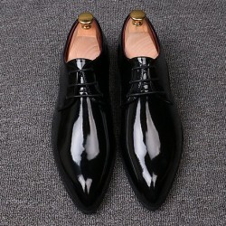 Black Patent Glossy Pointed Head Lace Up Mens Oxfords Shoes
