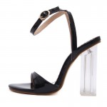 Black Patent Straps Evening Transparent Glass Block High Heels Sandals Shoes