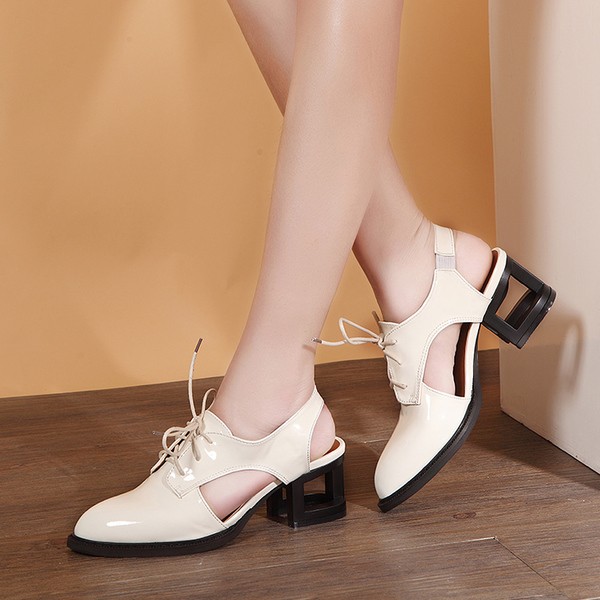 Black Cream Patent Leather Hollow Out Lace Up Heels Women Oxfords Shoes