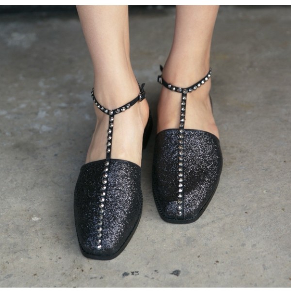 Black Glitter Sparkle Studs T Straps Gladiator Flats Flip Flop Sandals Shoes