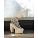 White Transparent Lace Up Chunky Sole Block High Heels Platforms Boots Shoes
