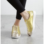 Gold Metallic Shiny Leather Lace Up Shoes Womens Sneakers 