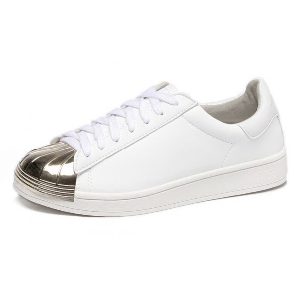 White Gold Leather Lace Up Shoes Womens Sneakers 