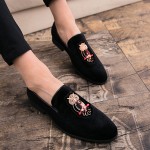 Black Velvet Suede Owl Embroidery Mens Loafers Flats Dress Shoes