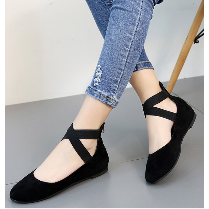 Black Ankle Cross Strap Mary Jane Ballerina Ballet Flats Shoes