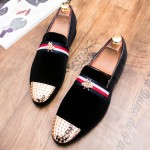 Black Suede Gold Bee Spikes Mens Loafers Flats Dress Shoes