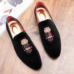 Black Velvet Suede Owl Embroidery Mens Loafers Flats Dress Shoes