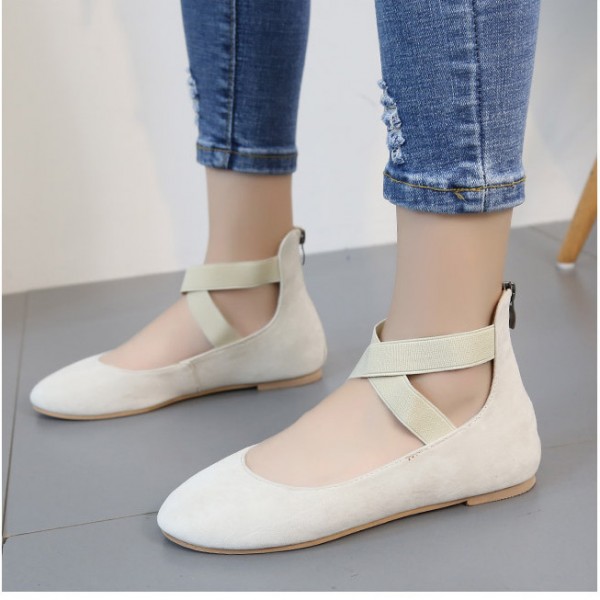 Cream Ankle Cross Strap Mary Jane Ballerina Ballet Flats Shoes