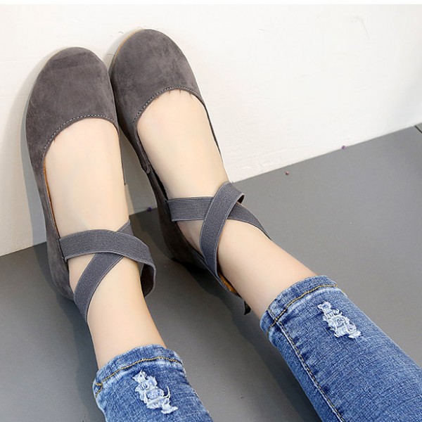 Grey Ankle Cross Strap Mary Jane Ballerina Ballet Flats Shoes