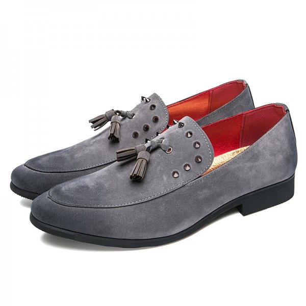 Grey Suede Tassel Spikes Mens Loafers Flats Dress Shoes