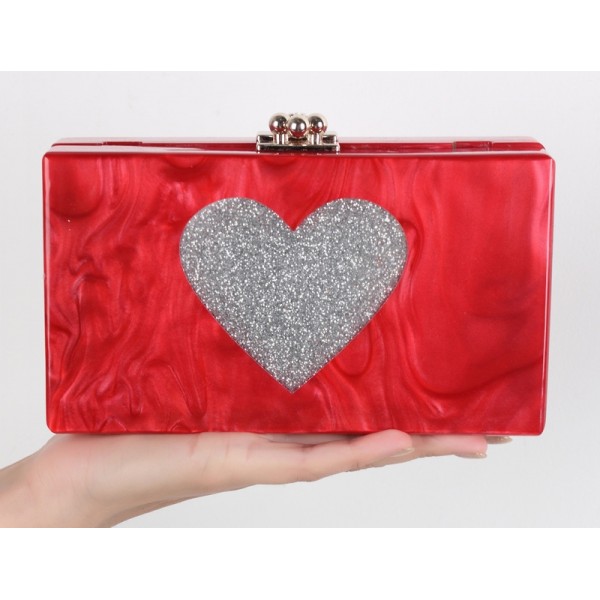 Red Silver Glitter Heart Arcylic Evening Clutch Bag Purse Jewelry Box