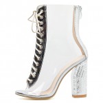 Transparent Silver PU Peep Toe Lace Up Block High Heels Boots Shoes