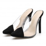 Black Suede Transparent Pointed Head Stiletto High Heels Sandals Shoes