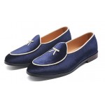 Blue Navy Velvet Mini Bow Dapper Man Oxfords Loafers Dress Shoes Flats