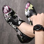 Black Satin Embroidered Purple Flowers Dapper Man Oxfords Loafers Dress Shoes Flats