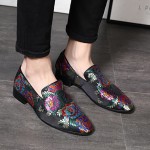 Black Rainbow Satin Embroidered Purple Dapper Man Oxfords Loafers Dress Shoes Flats