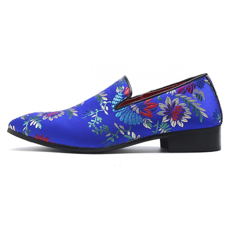 Blue Royal Satin Embroidered Purple Flowers Dapper Man Oxfords Loafers ...