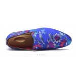 Blue Royal Satin Embroidered Purple Flowers Dapper Man Oxfords Loafers Dress Shoes Flats