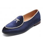 Blue Navy Velvet Mini Bow Dapper Man Oxfords Loafers Dress Shoes Flats