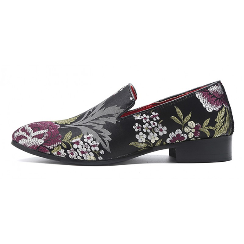 Black Satin Embroidered Purple Flowers Dapper Man Oxfords Loafers Dress ...