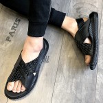 Black Knitted Leather Crisscross Thick Sole Fashion Mens Gladiator Roman Sandals