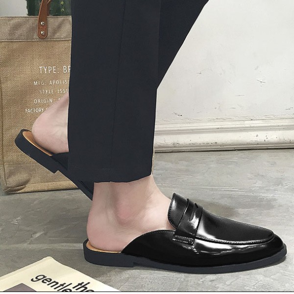 Black Leather Mens Formal Slip On Flats Sandals Loafers Shoes